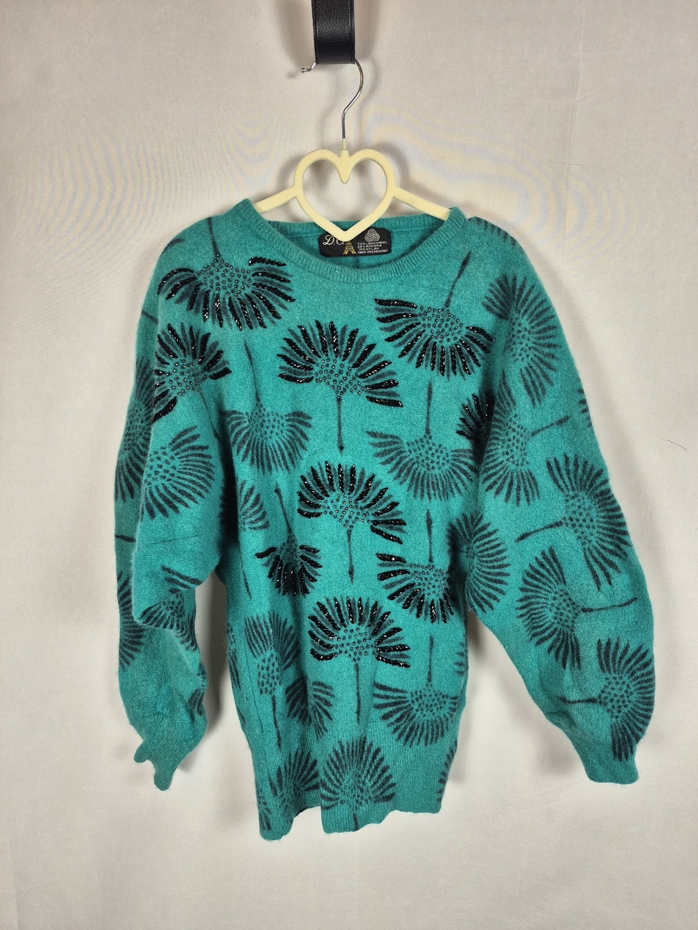 Vtg DG Dolce Gabbana Teal Angora Lambswool Beaded Dandelion Floral Sweater S